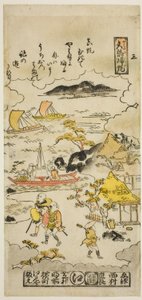 Rückkehrende Segel bei Yabase (Yabase no kihan), Nr. 3 aus der Serie "Acht Ansichten von Omi" von Nishimura Shigenaga