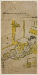 Schlafende junge Frau mit dem Berg Fuji darüber von Nishimura Shigenaga