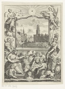 Stadtansicht mit Domkirche in Utrecht und Allegorie mit Utrechter Stadtjungfrau