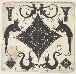 Konkaves rautenförmiges Paneel und groteske Figuren, ca. 1620-30 von Noel Rouillard