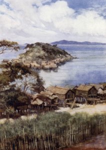 Die Insel Elevera von der Missionsstation, Port Moresby, Britisch-Neuguinea (Farblithografie)