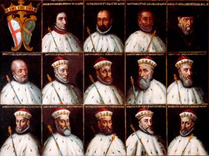 Wappen der Republik Genua und Porträts der Dogen - Simone Boccanegra, Ottaviano Fregoso und Antoniotto II Adorno; Andrea Doria. Oberto Cattaneo Lazzari, Battista Spinola, Battista Lomellini, Cristoforo Grilaldi Rosso, Giovanni Battista Doria von Northern Italian School