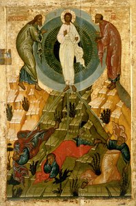 Die Verklärung unseres Herrn, russische Ikone aus der Heiligen Theotokos-Dormitionskirche auf dem Volotovo-Feld bei Nowgorod (Tempera auf Holztafel) von Novgorod School