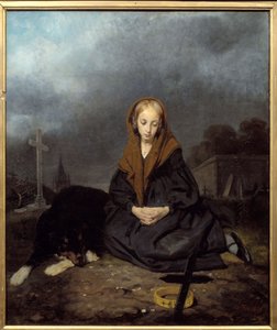 Junges Mädchen auf dem Friedhof. Gemälde von Octave Tassaert (1800-1874) 1840. Bayonne, Musee Bonnat.