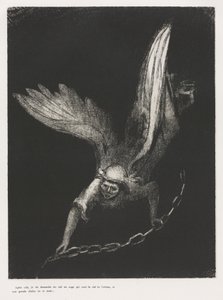 Und ich sah einen Engel vom Himmel herabkommen, der den Schlüssel zum Abgrund und eine große Kette in seiner Hand hatte von Odilon Redon