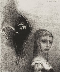 Und ein großer Vogel, der vom Himmel herabsteigt, stürzt sich gegen die höchste Spitze ihres Haares, Platte 3 von 10 von Odilon Redon