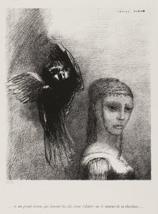 Und ein großer Vogel, der vom Himmel herabsteigt, stürzt sich gegen die höchste Spitze ihres Haares, Platte 3 von 10, 1888 von Odilon Redon
