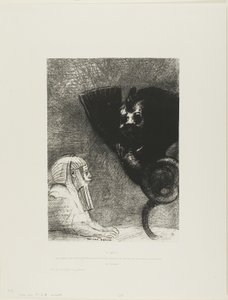 Die Sphinx: "...mein Blick, den nichts ablenken kann, bleibt durch Objekte hindurch auf einen unerreichbaren Horizont gerichtet." Die Chimäre: "Was mich betrifft, ich bin leicht und fröhlich," Tafel 5 aus An Gustave Flaubert von Odilon Redon