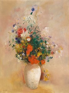 Vase mit Blumen (rosenfarbener Hintergrund) von Odilon Redon