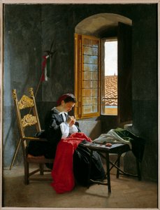 Risorgimento: Frau, die eine italienische Flagge näht am 26.04.1859 von Odoardo Borrani