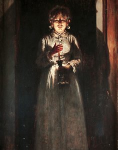 Frau mit Kerze, von Odoardo Borrani (1833-1905), Öl auf Holz, 38,5x25,5 cm