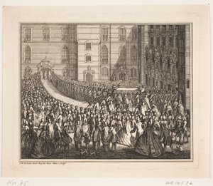 König Frederik V in Prozession zur Salbungszeremonie in der Frederiksborg Schlosskirche. Illustration zur Salbungsakte von Frederik IV von Odvardt Helmoldt de Lode