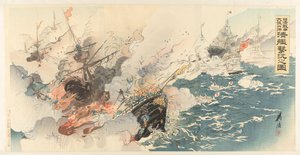 Darstellung des Chinesisch-Japanischen Krieges und des großen Sieges der japanischen Marine bei Dagushan Nisshin sensō Taikōsan oki Nichi-kan senryō no zu (Titel auf Objekt) von Ogata Gekko