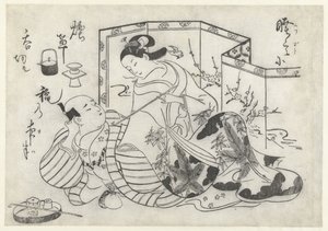 Japanischer Mann und Frau, rauchend vor einem Paravent von Okumura Masanobu (attributed to)