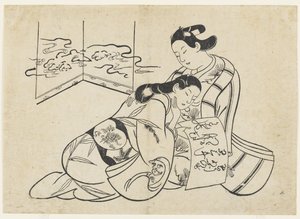 (Liebende als Mitate des Daruma, der auf einem Schilfrohr den Jangtse überquert) von Okumura Masanobu
