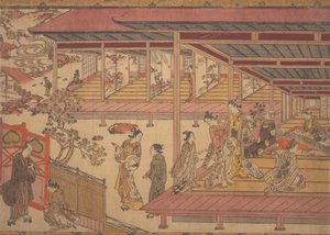 Ein Mann vor dem Tor eines großen Hauses von Okumura Masanobu