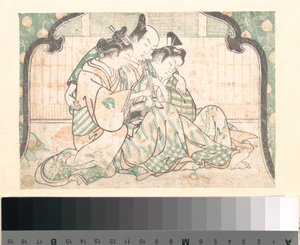 Ein junger Mann zwischen zwei Frauen sitzend von Okumura Masanobu