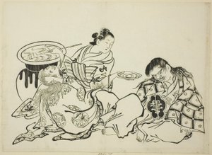 Kurtisane, die Shojo mit Sake versorgt, Nr. 4 aus einer Serie von 12 Drucken von Okumura Masanobu