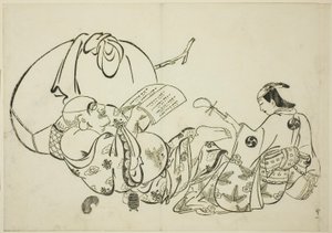 Hotei liest ein Buch, Nr. 11 aus einer Serie von 12 Drucken von Okumura Masanobu