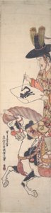 Koreaner zu Pferd, der das Zeichen schreibt von Okumura Masanobu