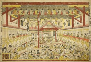 Großes Perspektivbild der Kaomise-Aufführung auf der Kabuki-Bühne