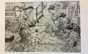 Parodie auf Kartenblätter: Frauen spielen das Kartenspiel Hundert Gedichte von hundert Dichtern, doppelseitige Illustration aus Hundert Gedichte von hundert Dichtern von Okumura Masanobu