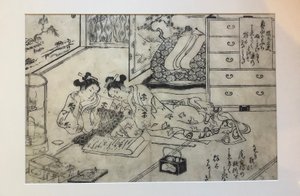 Parodie auf die lange Herbstnacht in Hundert Gedichte von je einem Dichter, doppelseitige Illustration aus Hundert Gedichte von je einem Dichter von Okumura Masanobu