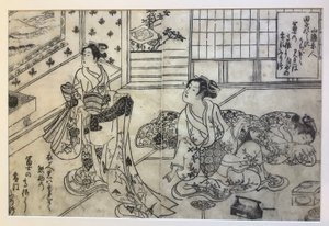 Parodie auf Schnee auf dem Fuji bei saisonalem Kleiderwechsel, Doppelseitenillustration aus Einhundert Gedichte, je ein Dichter von Okumura Masanobu
