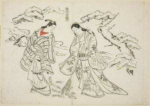 Ärmelbrief Takasago (Sodefumi Takasago), Nr. 2 aus einer Serie von 12 Drucken, die Parodien von Theaterstücken darstellen von Okumura Masanobu