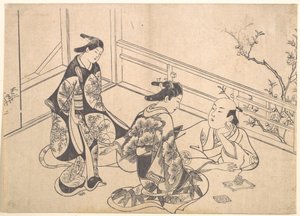 Der Schauspieler Ichimura Takenojo, auf einem Balkon liegend von Okumura Masanobu