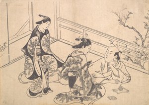 Der Schauspieler Ichimura Takenojo auf einem Balkon liegend, ca. 1715 von Okumura Masanobu