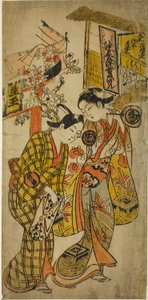 Die Schauspieler Sanjo Kantaro II als Osome und Ichikawa Monnosuke als Hisamatsu im Stück "Osome Hisamatsu Tamoto no Shiro Shibori," aufgeführt im Morita-Theater, 1720 von Okumura Masanobu