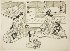 Yoshitsune (Ushiwaka) und Prinzessin Joruri, aus der Serie "Berühmte Szenen aus japanischen Puppenspielen (Yamato irotake)" von Okumura Masanobu