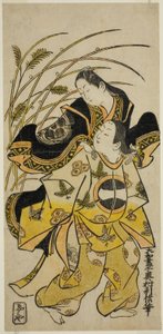Die Schauspieler Ichikawa Monnosuke als Edelmann und Dekishima Daisuke als Edelfrau von Okumura Toshinobu