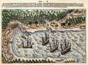 Ansicht eines niederländischen Schiffes im Hafen, ca. 1598-1602