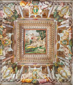 Ansicht der Decke des Zimmers von Adonis und der Gedenksteine der Familienmitglieder Rossi, Gonzaga, Riario und Medici, Rocca dei Rossi, San Secondo, Parma, Italien von Orazio (attr.to) Samacchini