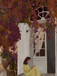 Ruhiger Leser unter Bougainvillea