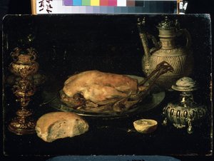Stillleben mit Huhn, Zitrone, Brot, Silberwaren und Öllampe