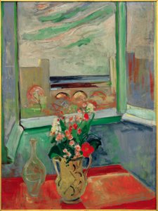 Levanto I: Blumenstrauß am Fenster mit Brücke von Oskar Moll