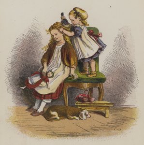 Kleines Mädchen bürstet das Haar ihrer Schwester (Farblithografie)
