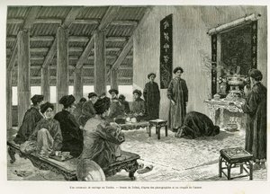 Eine Hochzeitszeremonie in Tonkin. Gravur von Tofani zur Illustration der Geschichte Trente mois au Tonkin, 1884, von Dr. Paul Hocquard, in Le Tour du monde 1890, unter der Leitung von Edouard Charton (1807-1890), Hachette, Paris. von Oswaldo Tofani