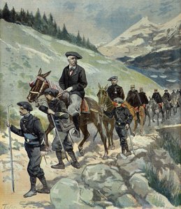 Felix Faure mit Alpenjägern auf einer Reise in die Alpen 1897 (Gravur)