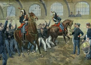 Die republikanischen Wachen trainieren die Pferde im Lärm und in der Menge, Paris