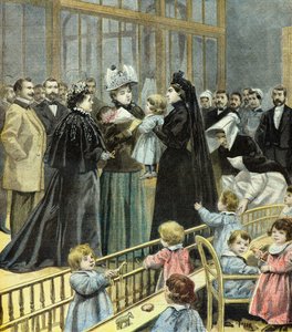 Die Frau von Präsident Felix Faure besucht die Kinder in der Fourcade-Krippe in Paris 1896 (Gravur)