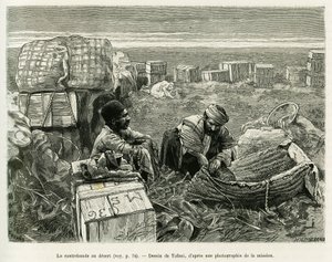 Schmuggel archäologischer Ausgrabungen in der persischen Wüste. Gravur von Tofani zur Illustration der Geschichte A Suse von Oswaldo Tofani