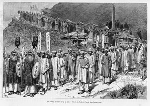 Der Trauerzug. Gravur von Tofani, zur Illustration der Geschichte „Trente mois au Tonkin“, 1884, von Dr. Paul Hocquard, in Le Tour du monde 1890, unter der Leitung von Edouard Charton (1807-1890). von Oswaldo Tofani