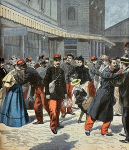 Die Rückkehr der Klasse. Nach ihrem Militärdienst treffen die Soldaten ihre Familien wieder 1897 (Gravur)