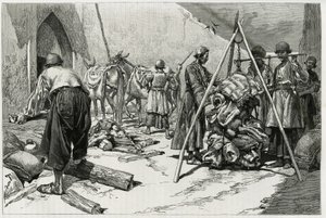 Das Wiegen des Gepäcks vor der Abreise der Delafoy-Hochzeitsexpedition. Gravur von Tofani, zur Illustration der Geschichte „Persien, Chaldäa und Susiane“. von Oswaldo Tofani