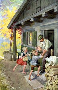 Hänsel und Gretel finden ihren Weg nach Hause, ca. 1910 (Postkarte) von Otto Kubel