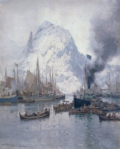 Ankunft des Agnsilddampfers, Svolvaer von Otto Ludvig Sinding